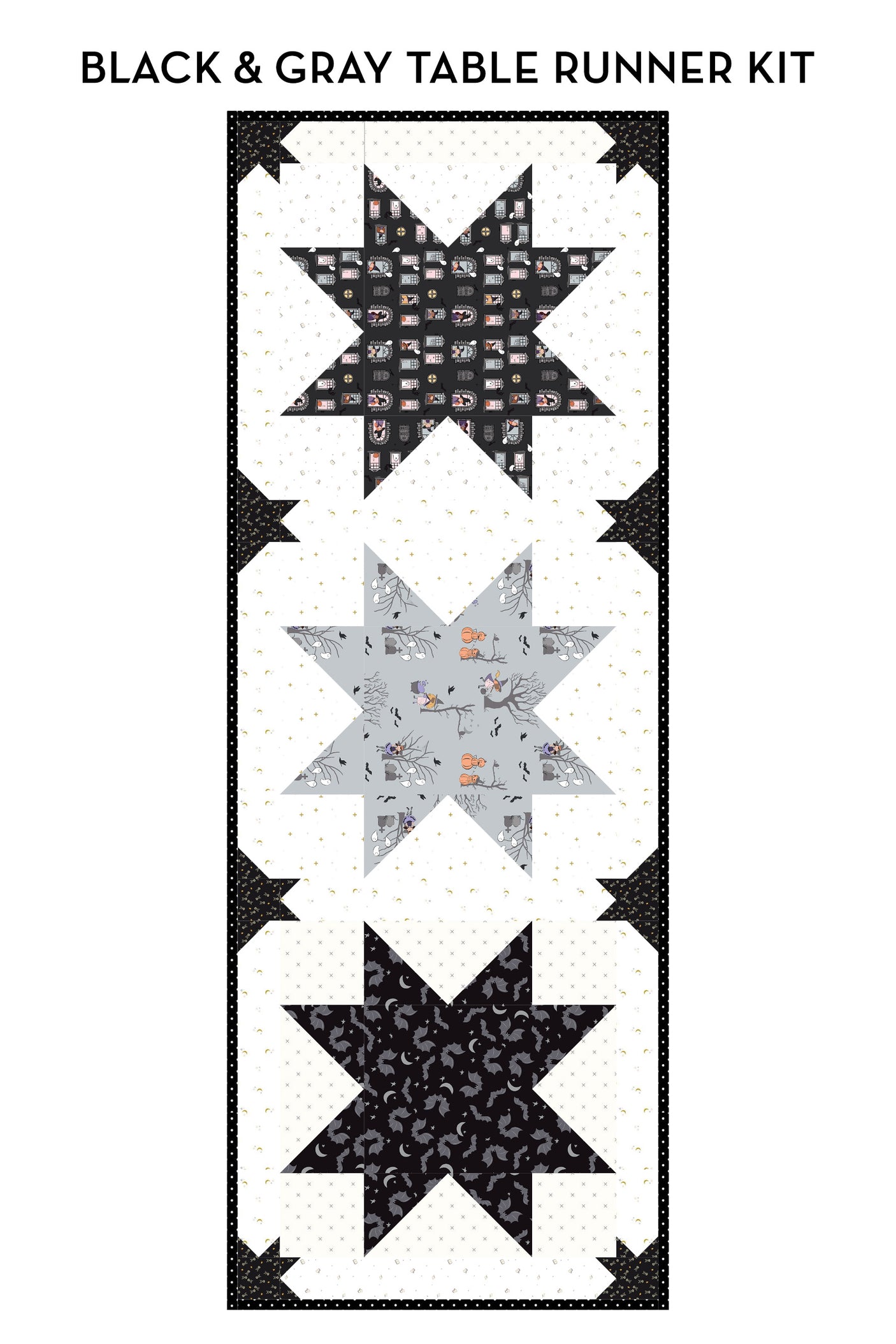 Bitty Bats and Stars Quilted Halloween Table Runner Kit; Fabric & Quilt Pattern