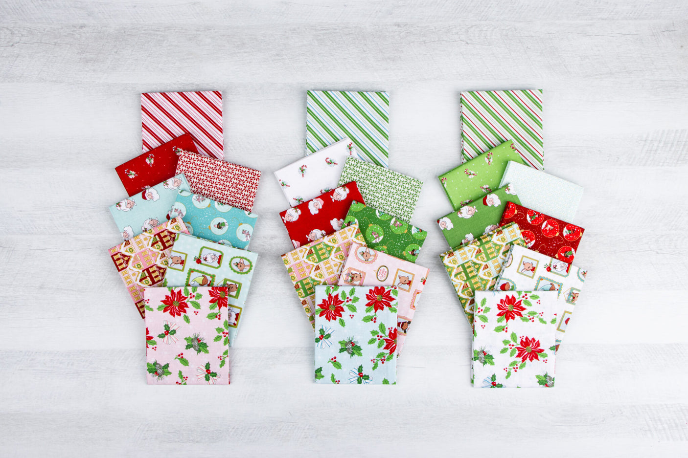 Collection of colorful fabric swatches with various patterns on a light gray background