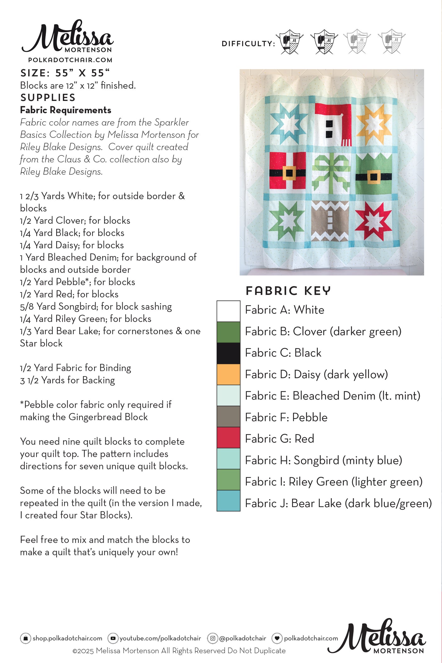 Quilt pattern with fabric requirements and key on a white background