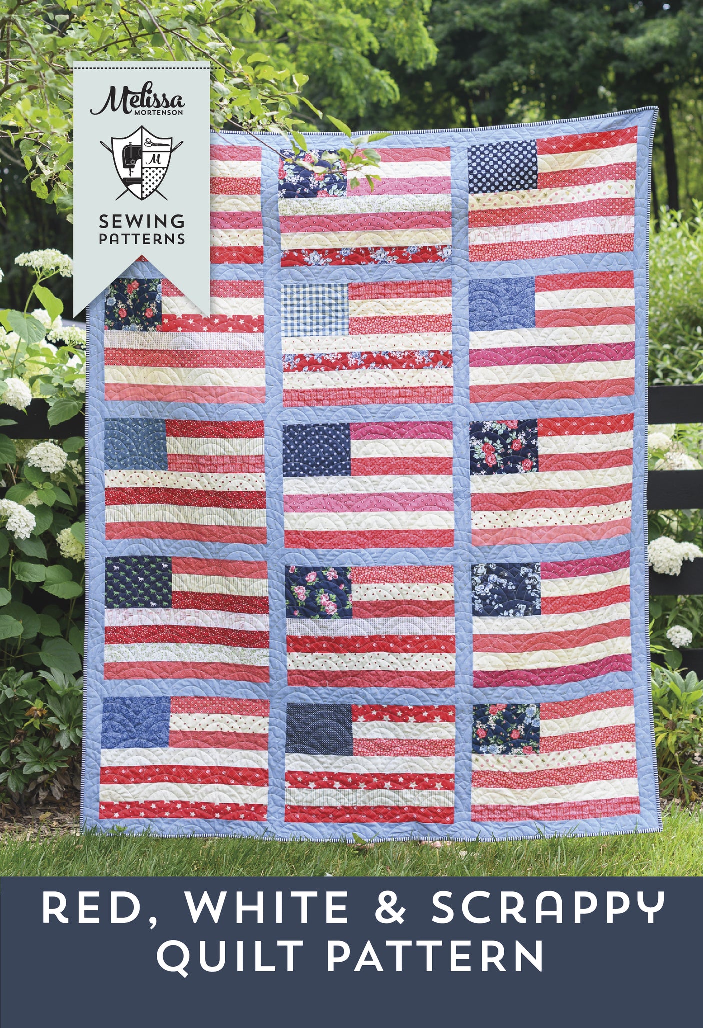 Quilt with American flag pattern in red, white, and blue, with 'Melissa Mortenson Sewing Patterns' logo.