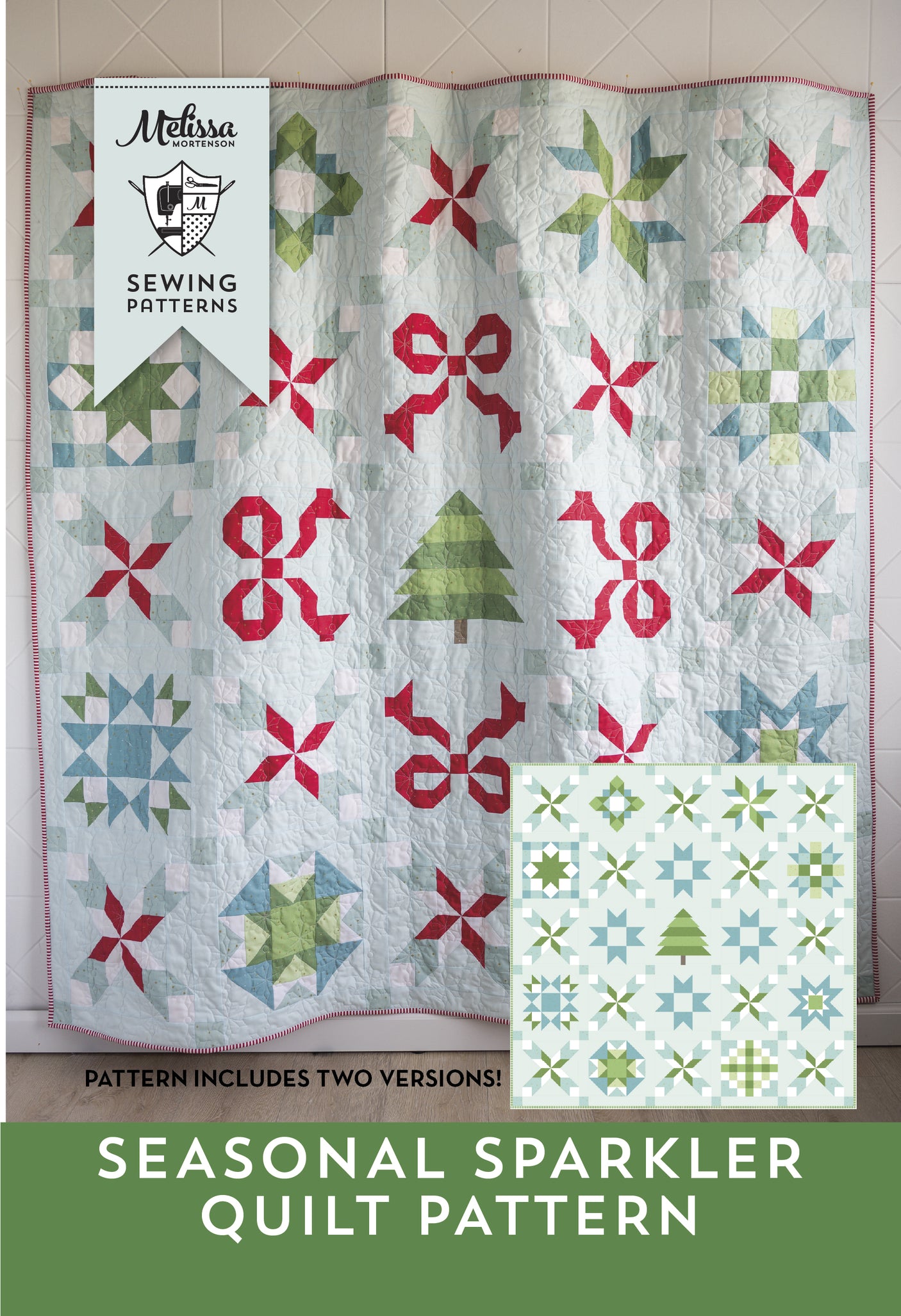 Quilt pattern with colorful star and bow designs, featuring Melissa Mortenson branding.