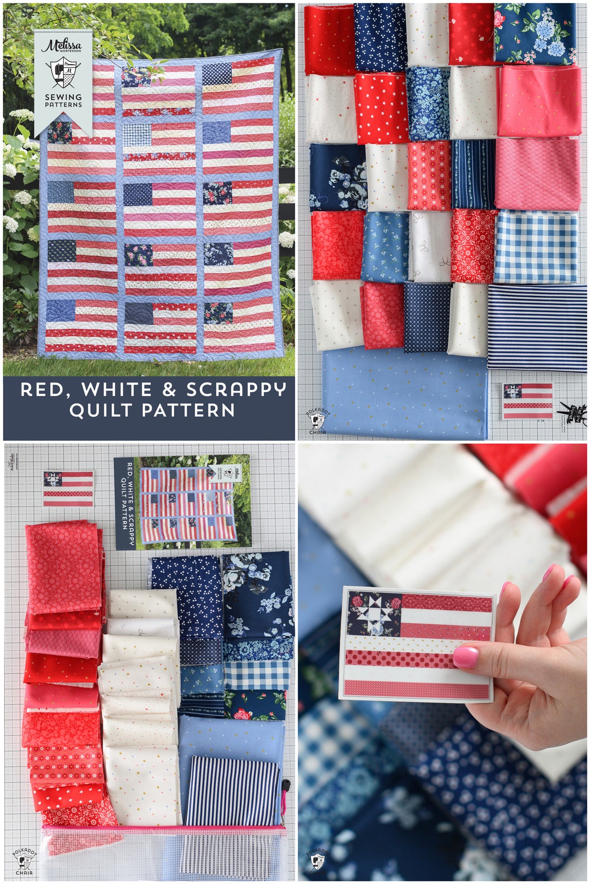 Collage of red, white, and blue fabric patterns with American flag designs.