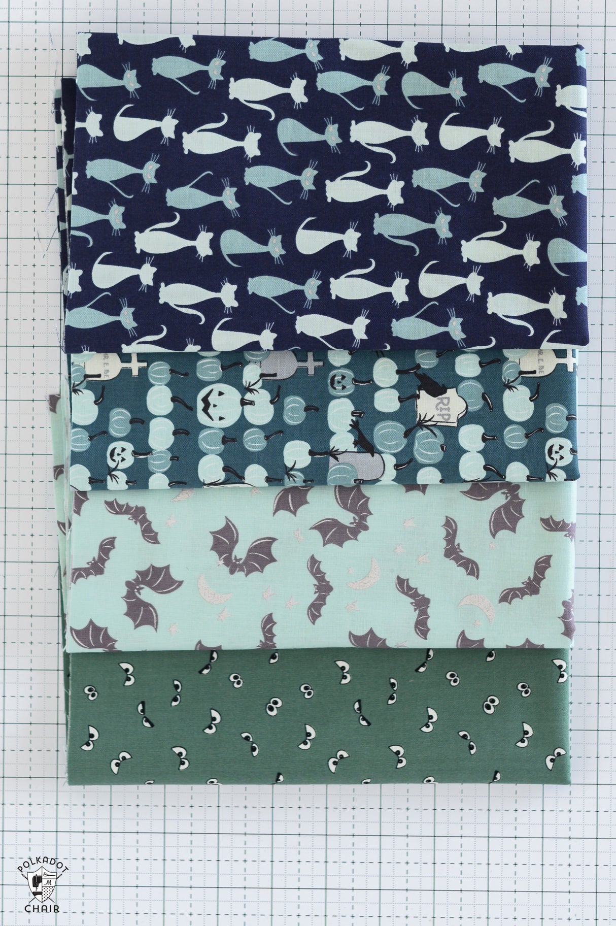 Blue and Green Halloween Fabrics Bundle; Four Half Yard Cuts