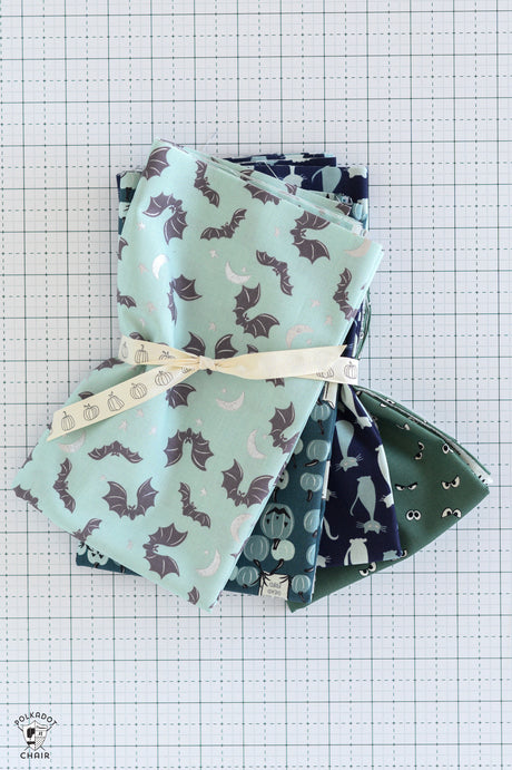 Blue and Green Halloween Fabrics Bundle; Four Half Yard Cuts