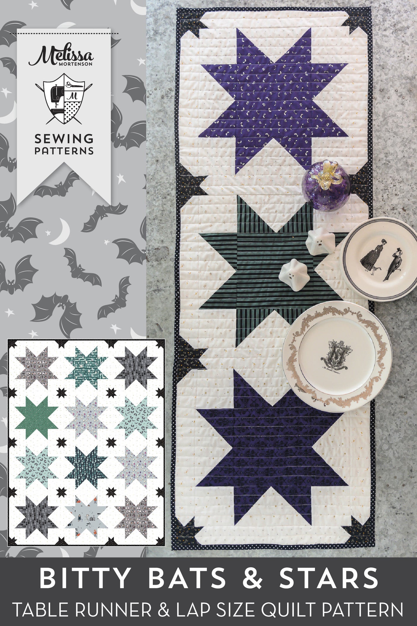 Bitty Bats and Stars Halloween Quilt Pattern with Table Runner Instructions | Digital PDF Pattern