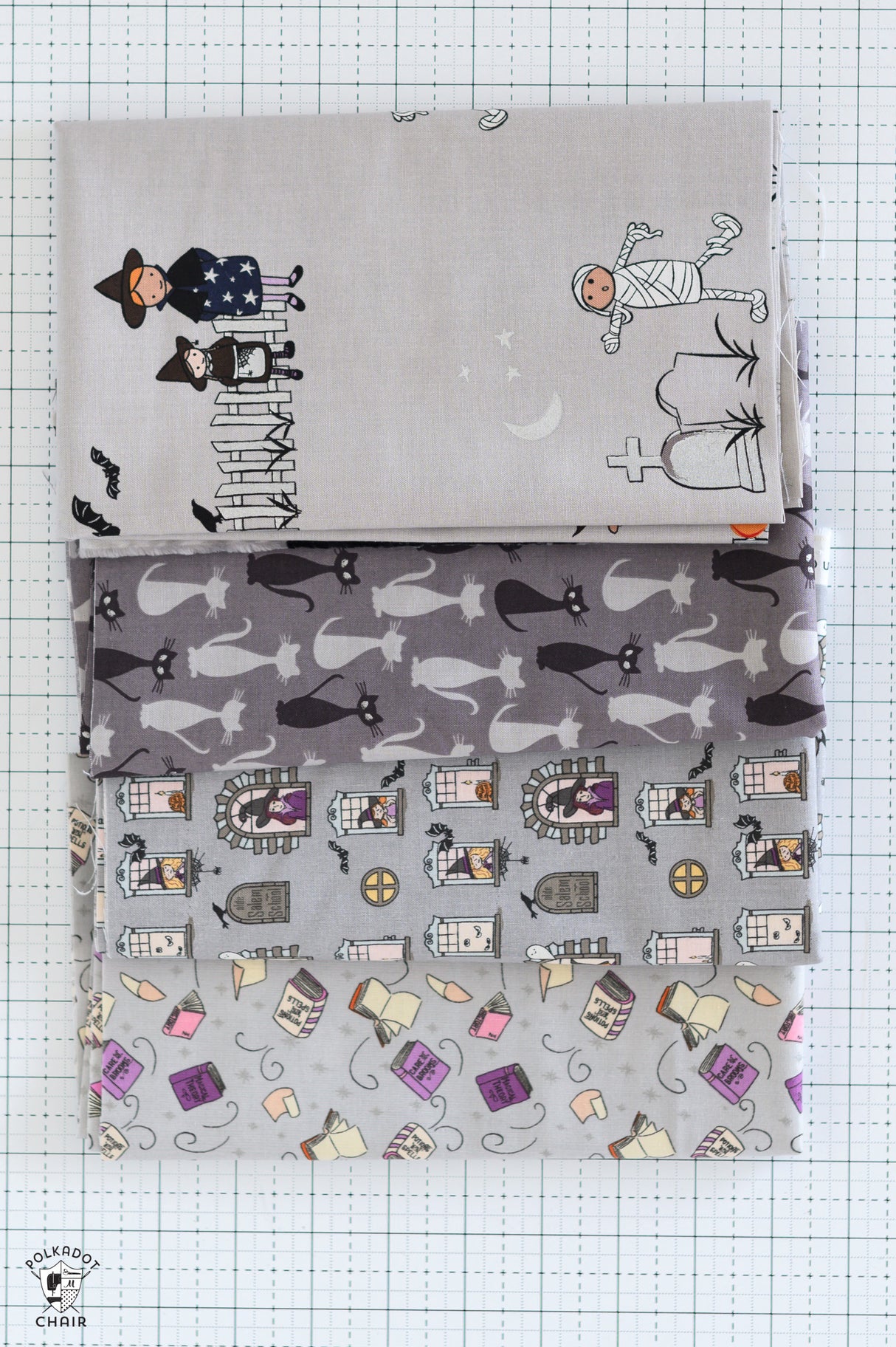 Gray Halloween Fabrics Bundle; Four Half Yard Cuts