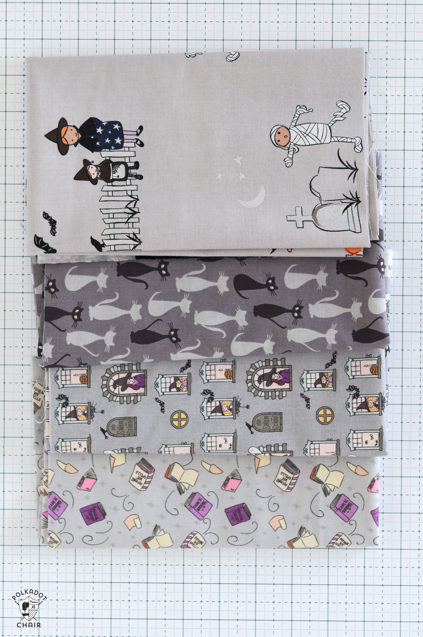 Gray Halloween Fabrics Bundle; Four Half Yard Cuts
