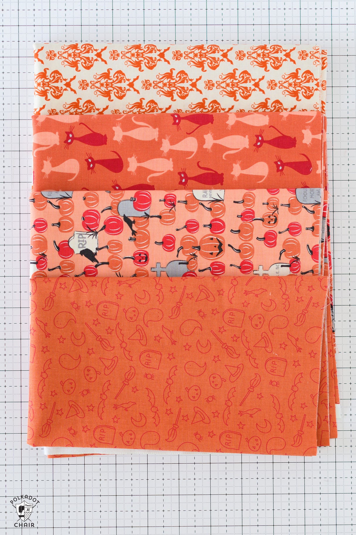 Orange Halloween Fabrics Bundle; Four Half Yard Cuts