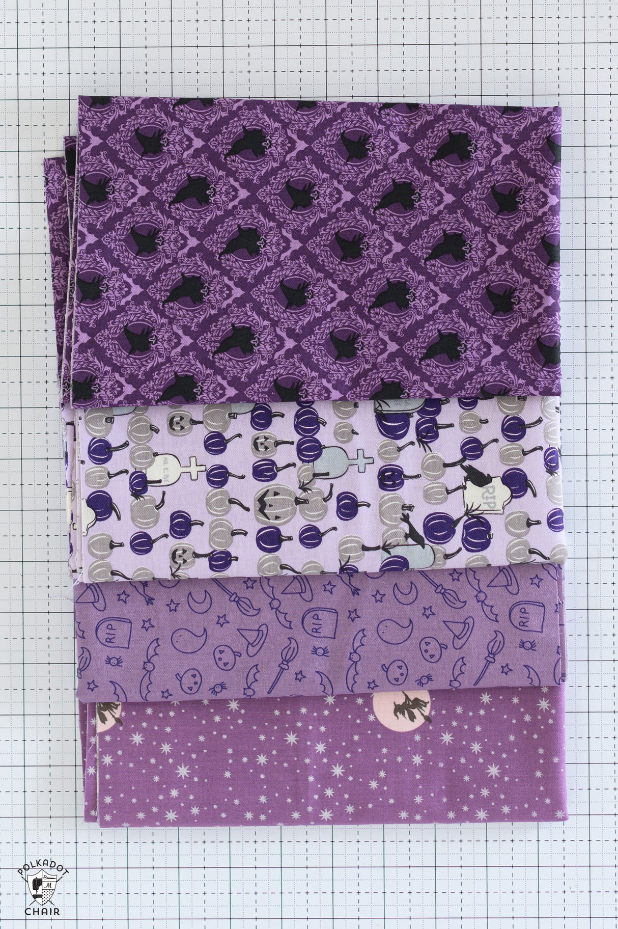 Purple Halloween Fabrics Bundle; Four Half Yard Cuts
