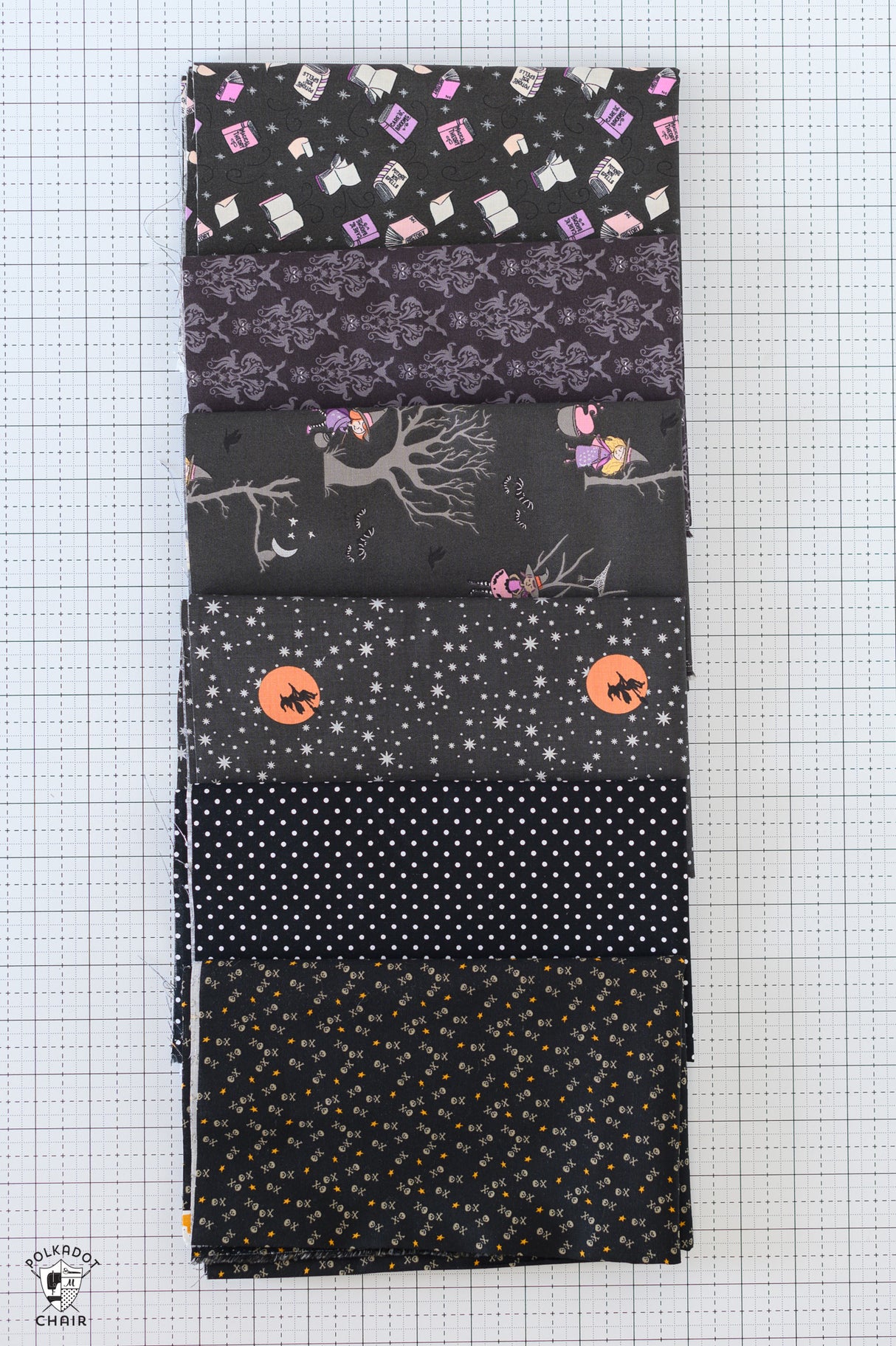 Black Halloween Fabrics Bundle; Six Half Yard Cuts