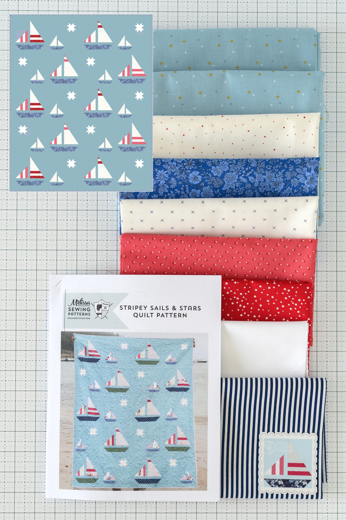 Stripey Sails & Stars Sailboat Quilt Kit; Fabric and Pattern