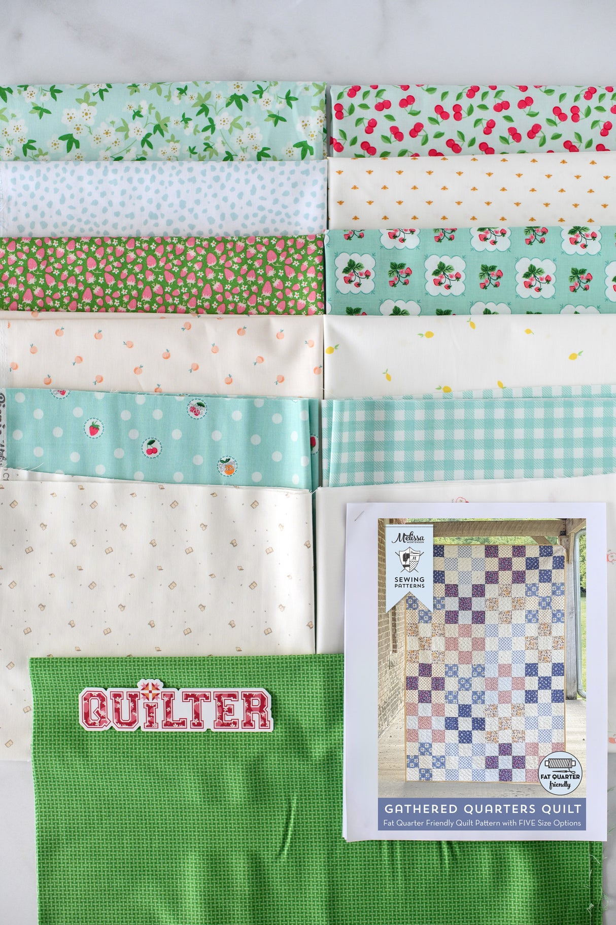 Gathered Quarters Summer Picnic Quilt Kit: Fabric, Quilt Pattern & Sticker