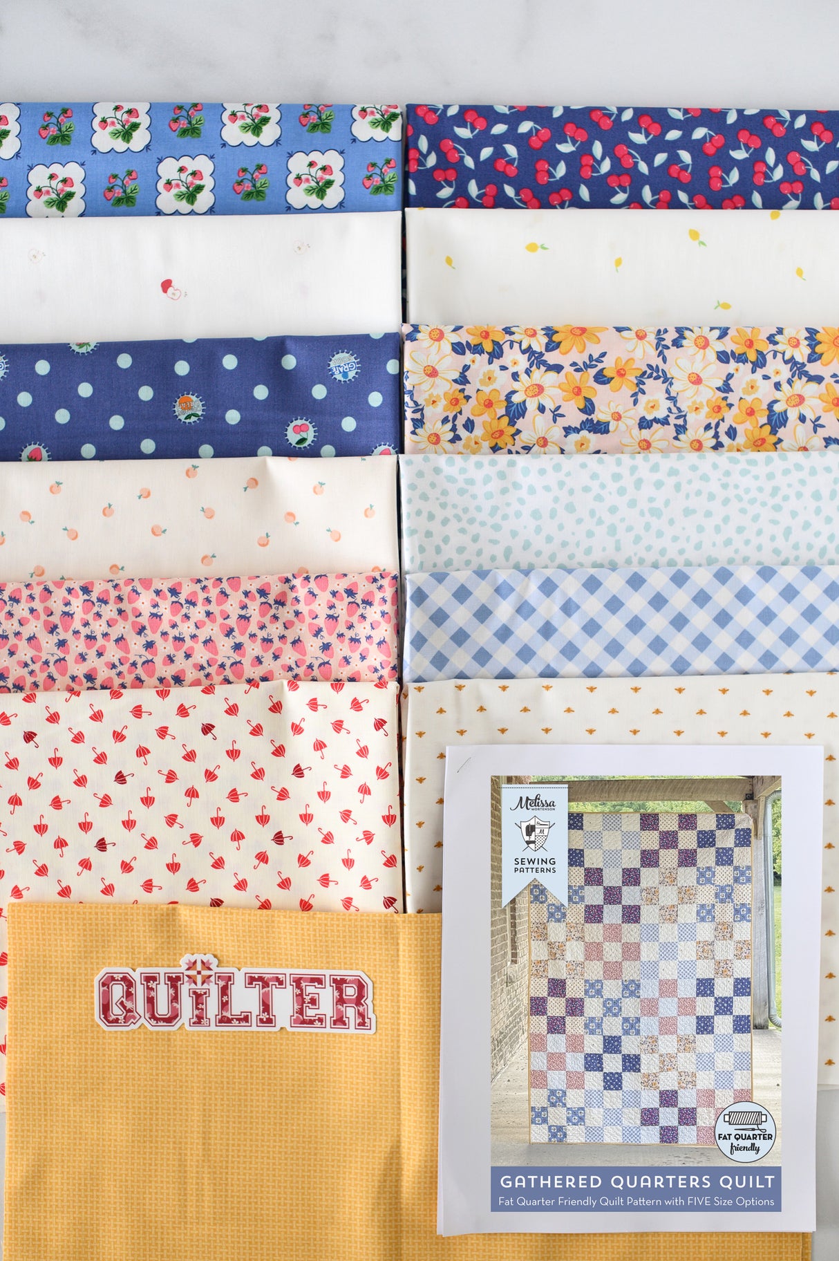 Gathered Quarters Summer Picnic Quilt Kit: Fabric, Quilt Pattern & Sticker