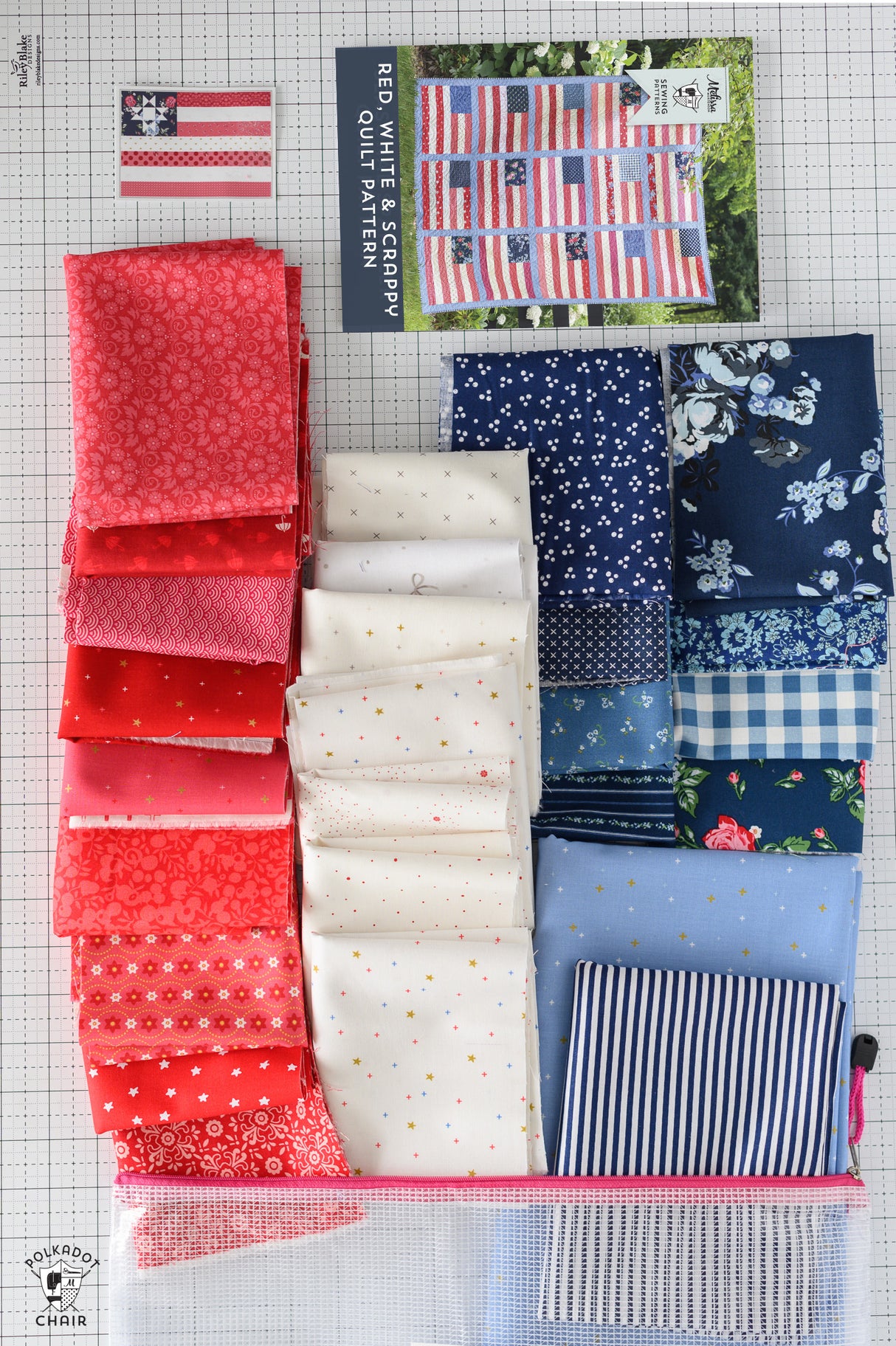 Collection of red, white, and blue fabric swatches on a grid background with a quilt pattern poster.