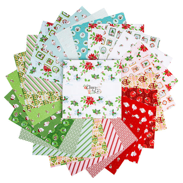 Collection of Christmas-themed fabric squares in various patterns on a white background