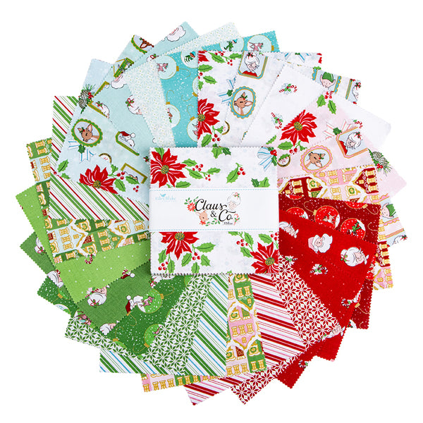 Collection of Christmas-themed fabric squares with a brand label on a white background