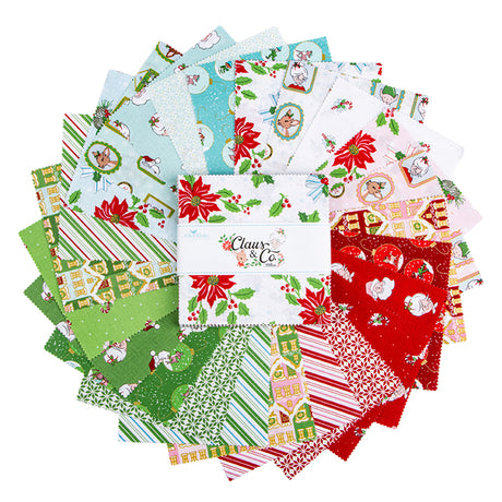 Collection of Christmas-themed fabric squares with a brand label on a white background