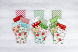 Collection of colorful fabric swatches with various patterns on a light gray background