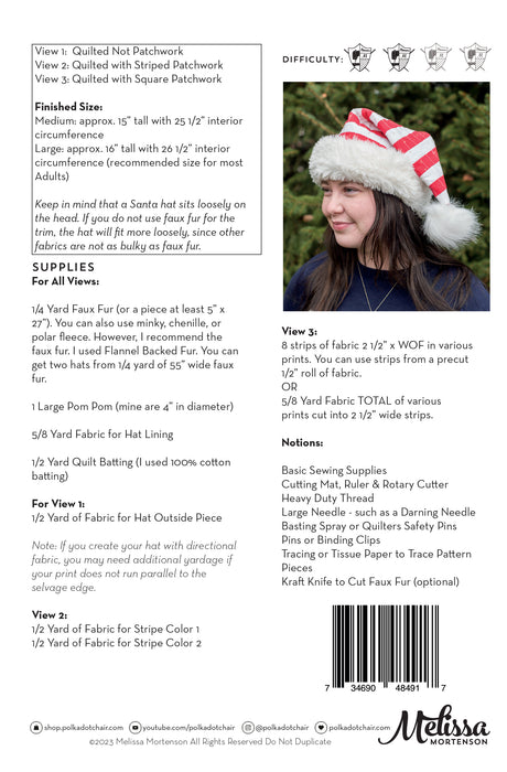 Snowbound Quilted Santa Hat Sewing Pattern; Package of 6 | Wholesale Only