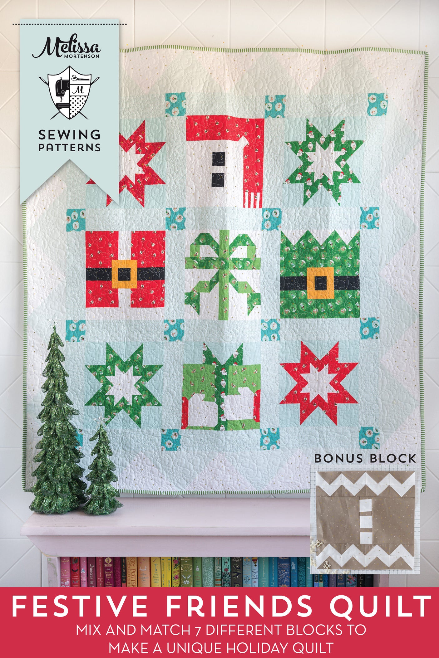 Festive Friends quilt with Christmas-themed blocks on a white background, featuring Melissa Mortenson branding.