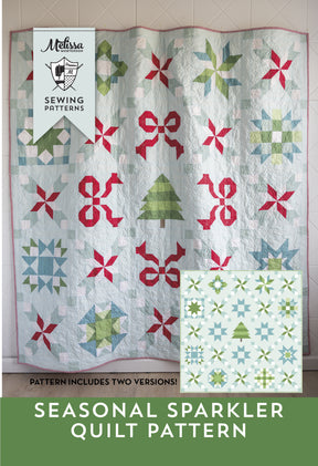 Quilt pattern with colorful star and bow designs, featuring Melissa Mortenson branding.