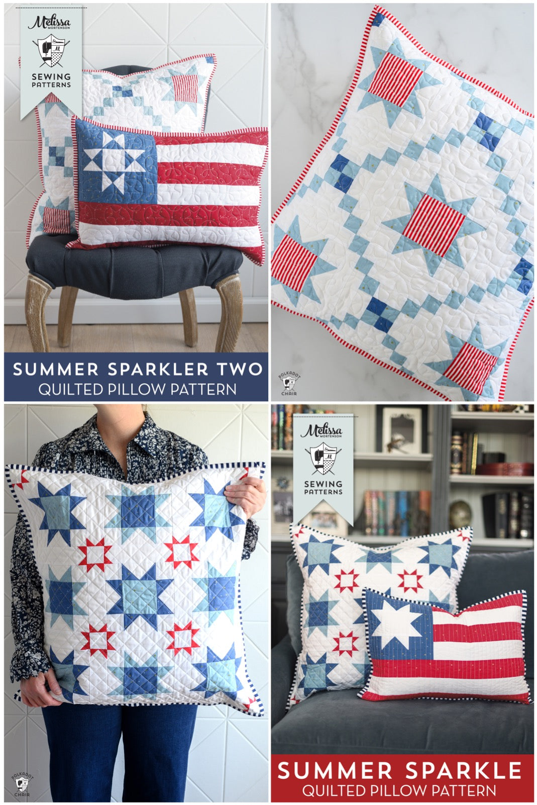 Quilted pillow pattern with red, white, and blue stars and stripes design.