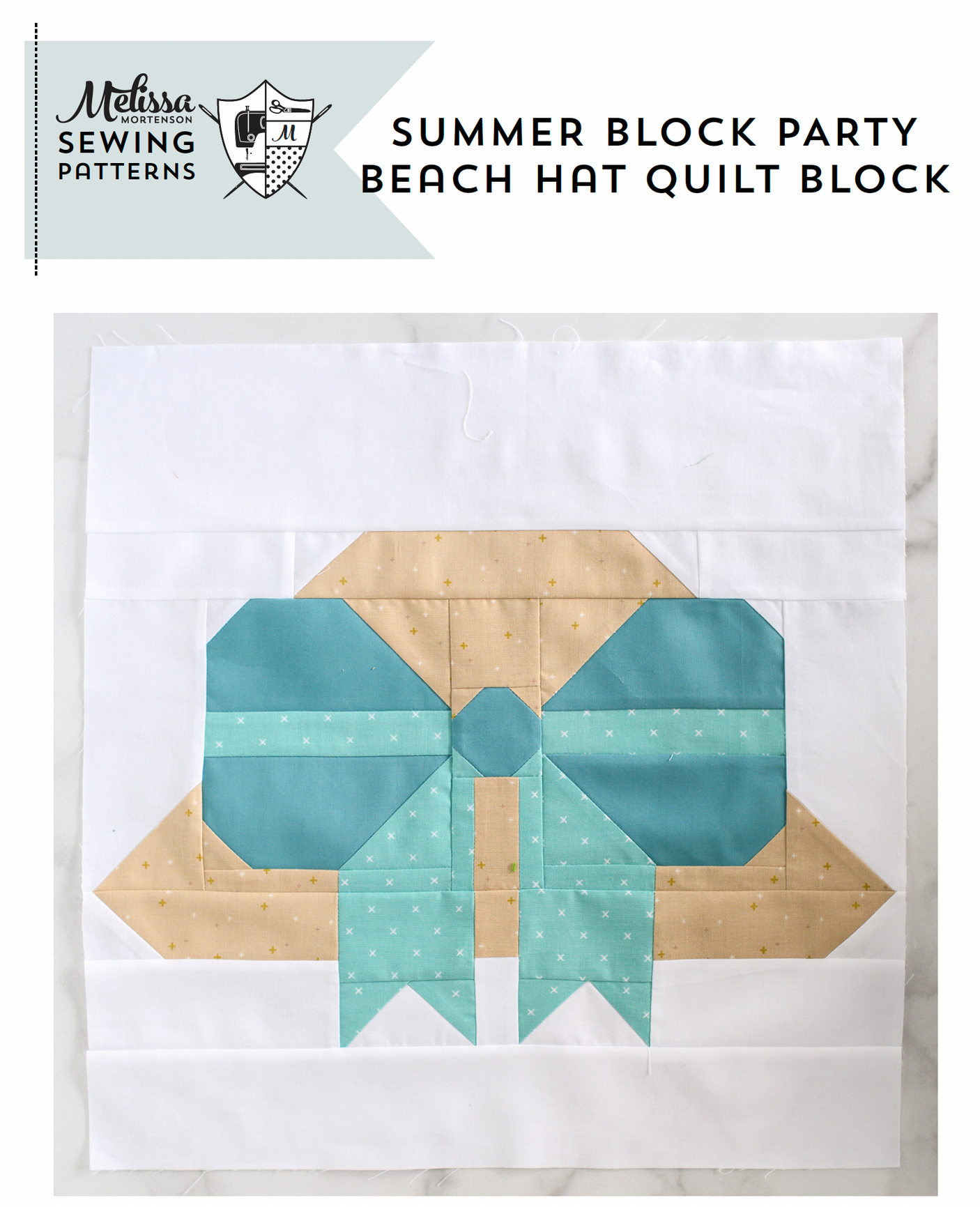 Beach hat quilt block pattern with 'Melissa Sewing Patterns' logo on a white background