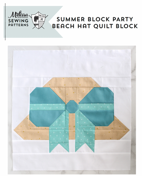 Beach hat quilt block pattern with 'Melissa Sewing Patterns' logo on a white background