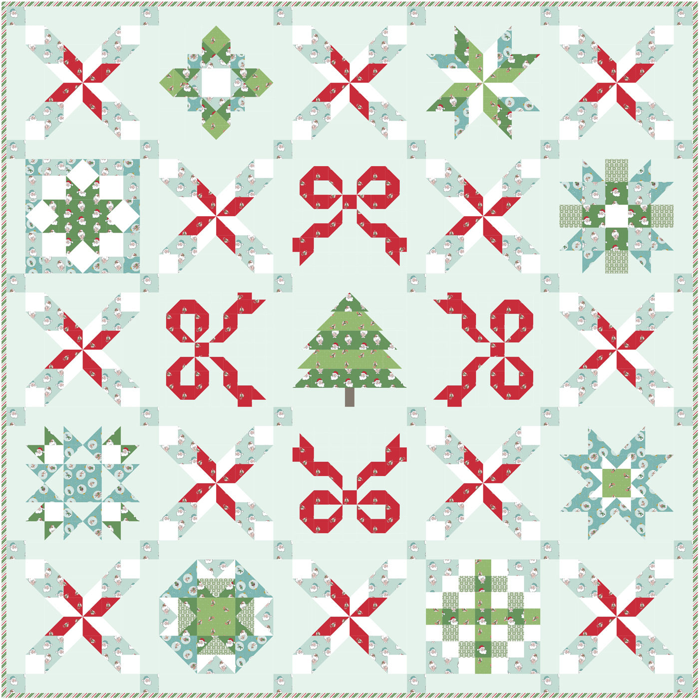 Quilt with Christmas-themed patterns including stars, bows, and trees on a light blue background.