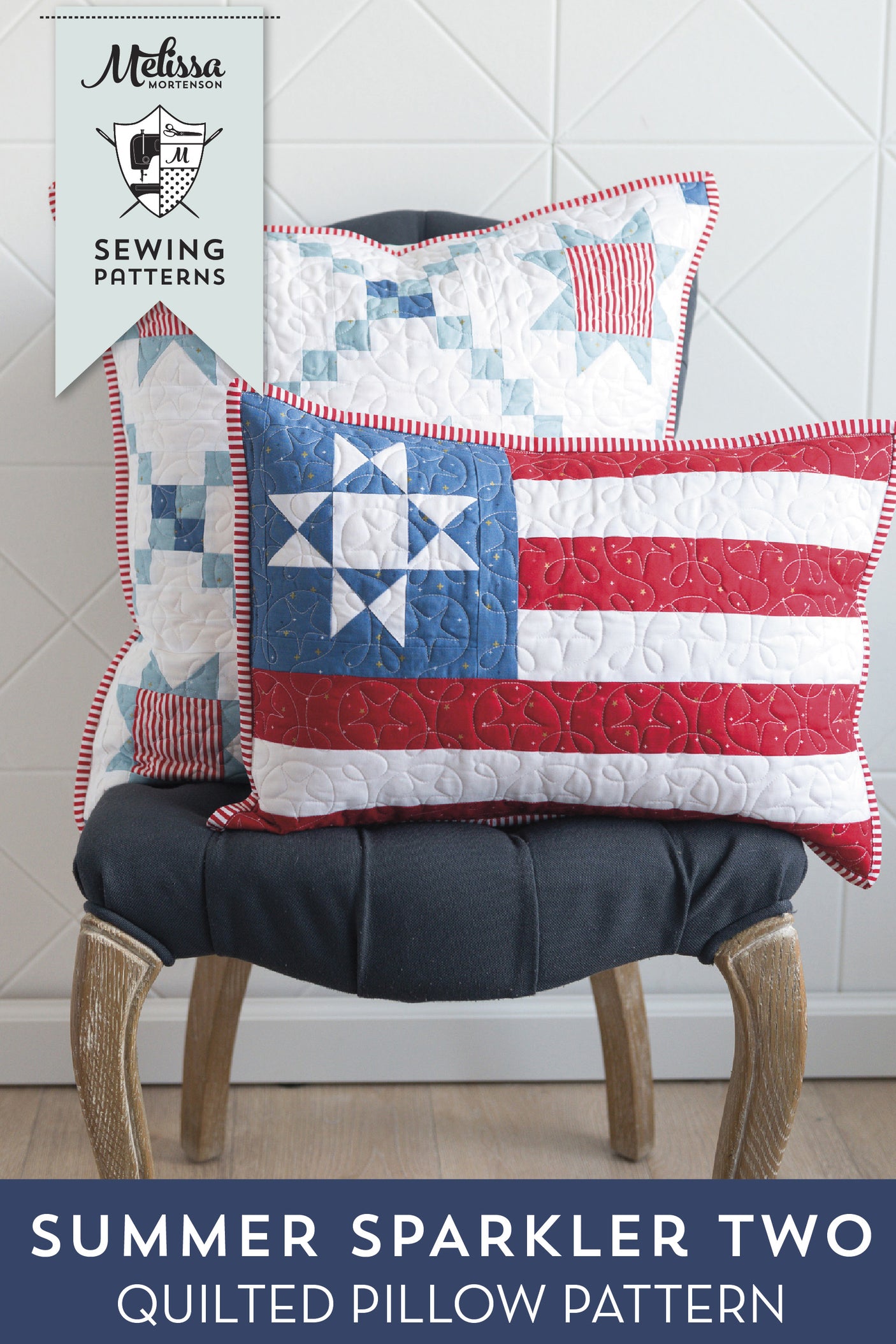 Quilted pillow with American flag design on a chair, featuring Melissa & Doug branding.