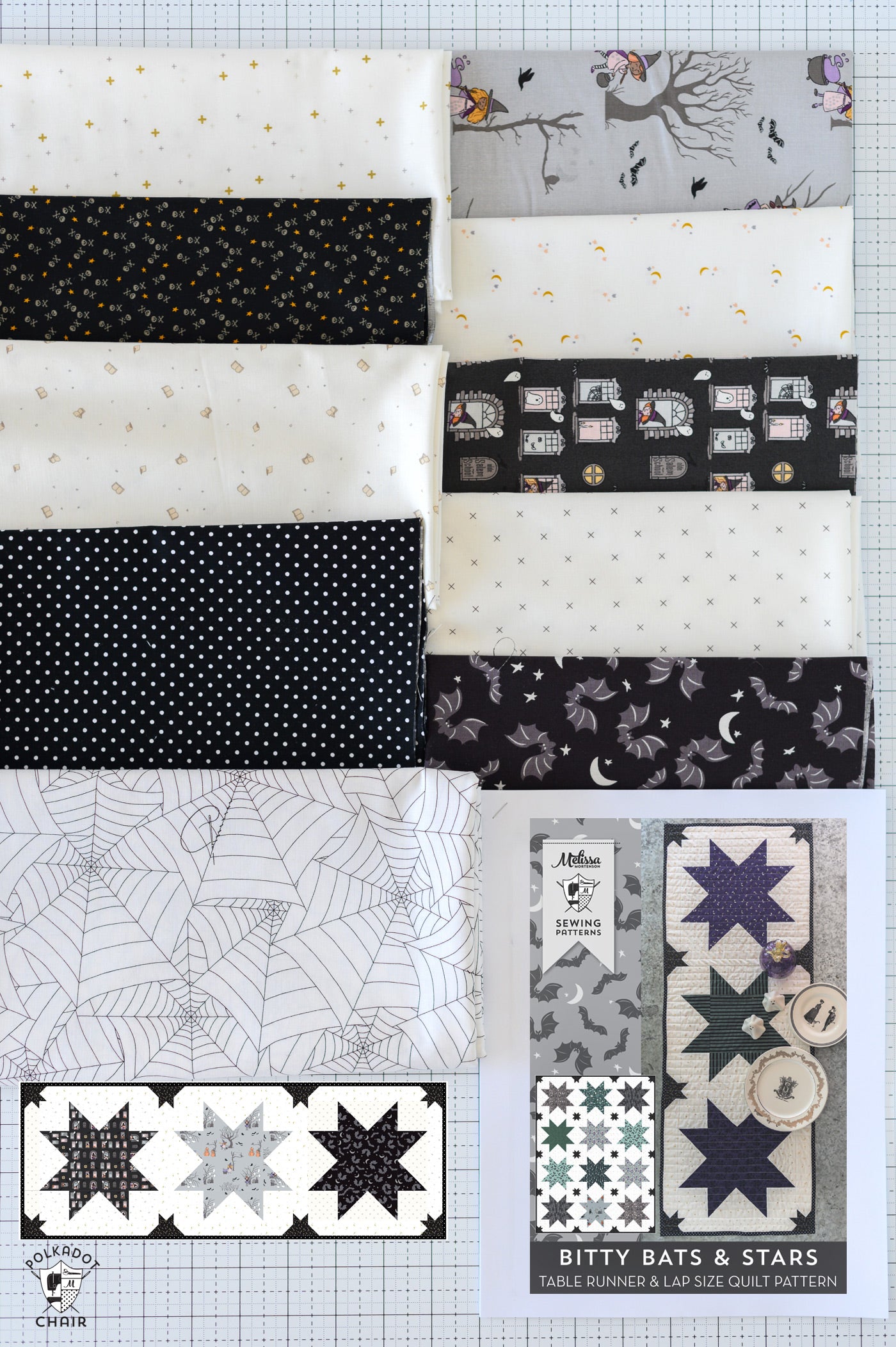 Bitty Bats and Stars Quilted Halloween Table Runner Kit; Fabric & Quilt Pattern