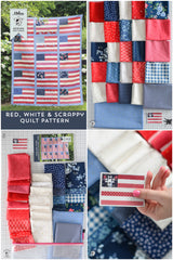 Collage of red, white, and blue fabric patterns with American flag designs.