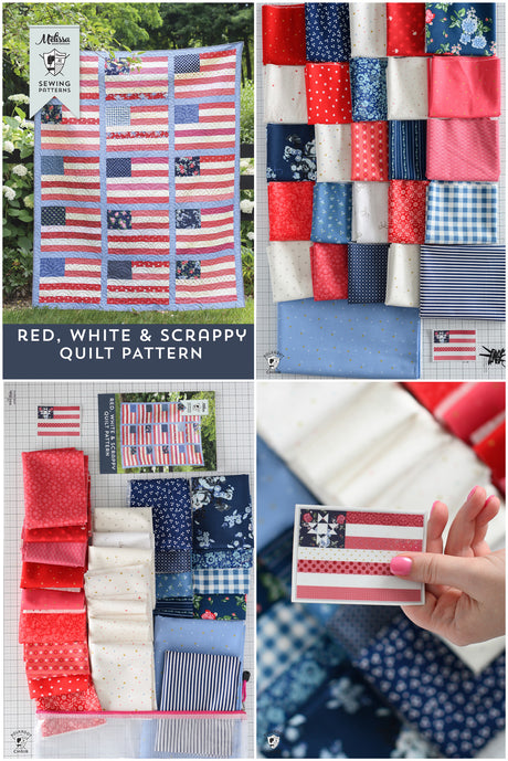 Collage of red, white, and blue fabric patterns with American flag designs.