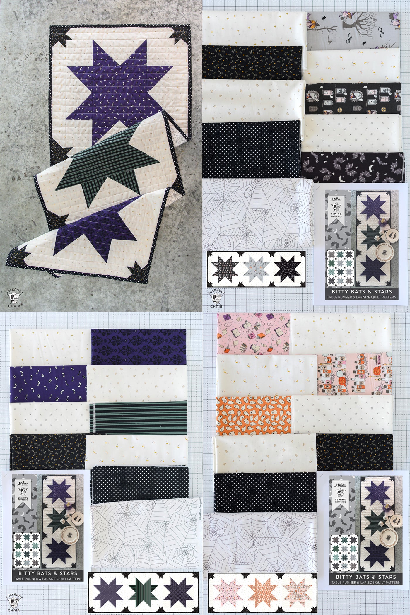 Bitty Bats and Stars Quilted Halloween Table Runner Kit; Fabric & Quilt Pattern