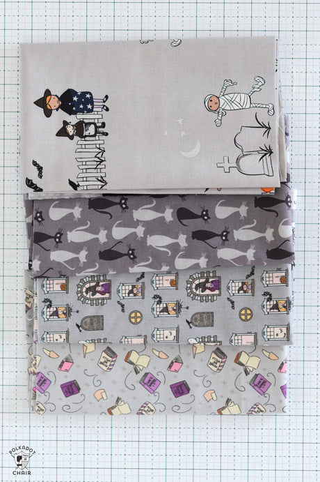 Gray Halloween Fabrics Bundle; Four Half Yard Cuts