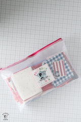 Clear pouch with a red and white checkered lining, containing a bar of soap and a small bag, on a grid background.