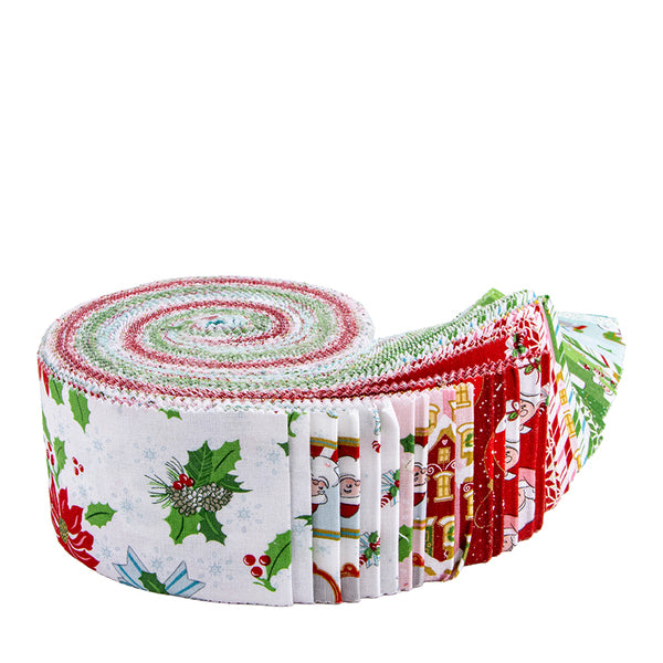 Roll of Christmas-themed fabric strips on a white background