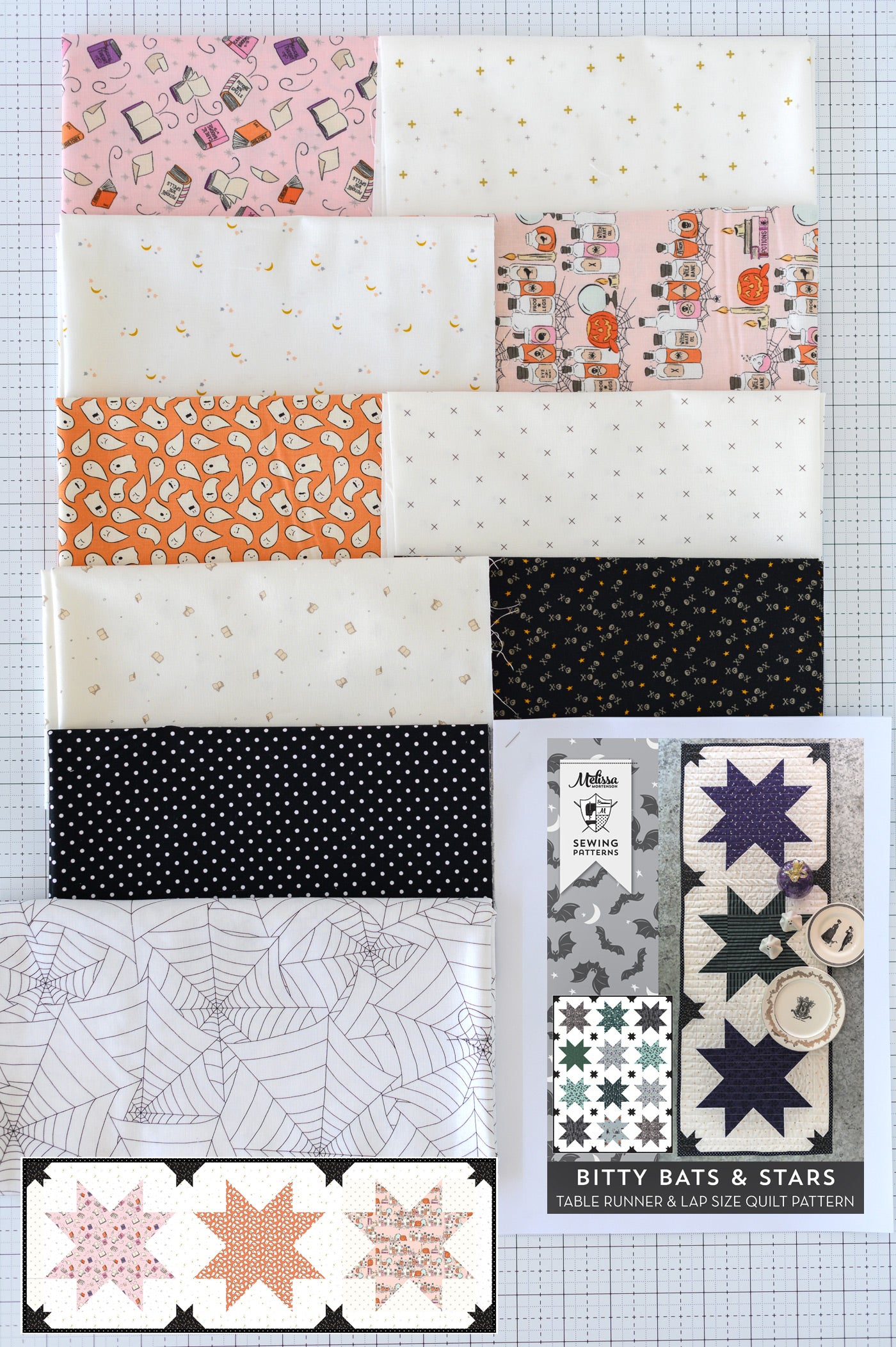 Bitty Bats and Stars Quilted Halloween Table Runner Kit; Fabric & Quilt Pattern