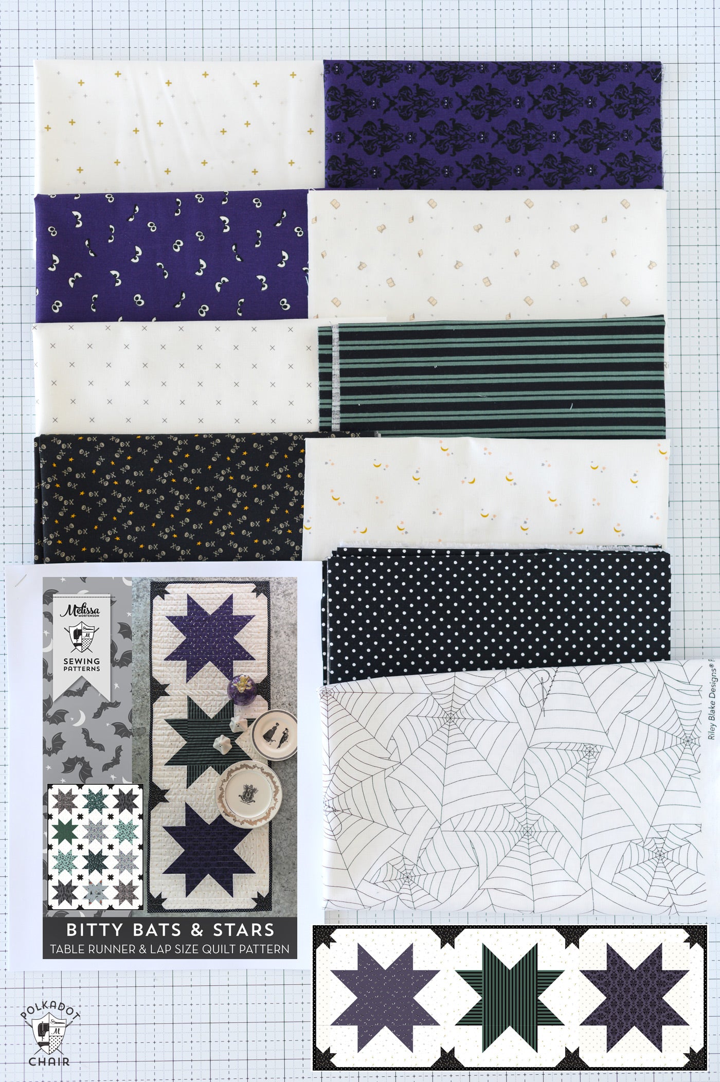 Bitty Bats and Stars Quilted Halloween Table Runner Kit; Fabric & Quilt Pattern