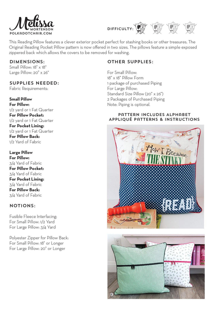 Reading Pocket Book Pillow | PRINTED Sewing Pattern - Polka Dot Chair Patterns by Melissa Mortenson